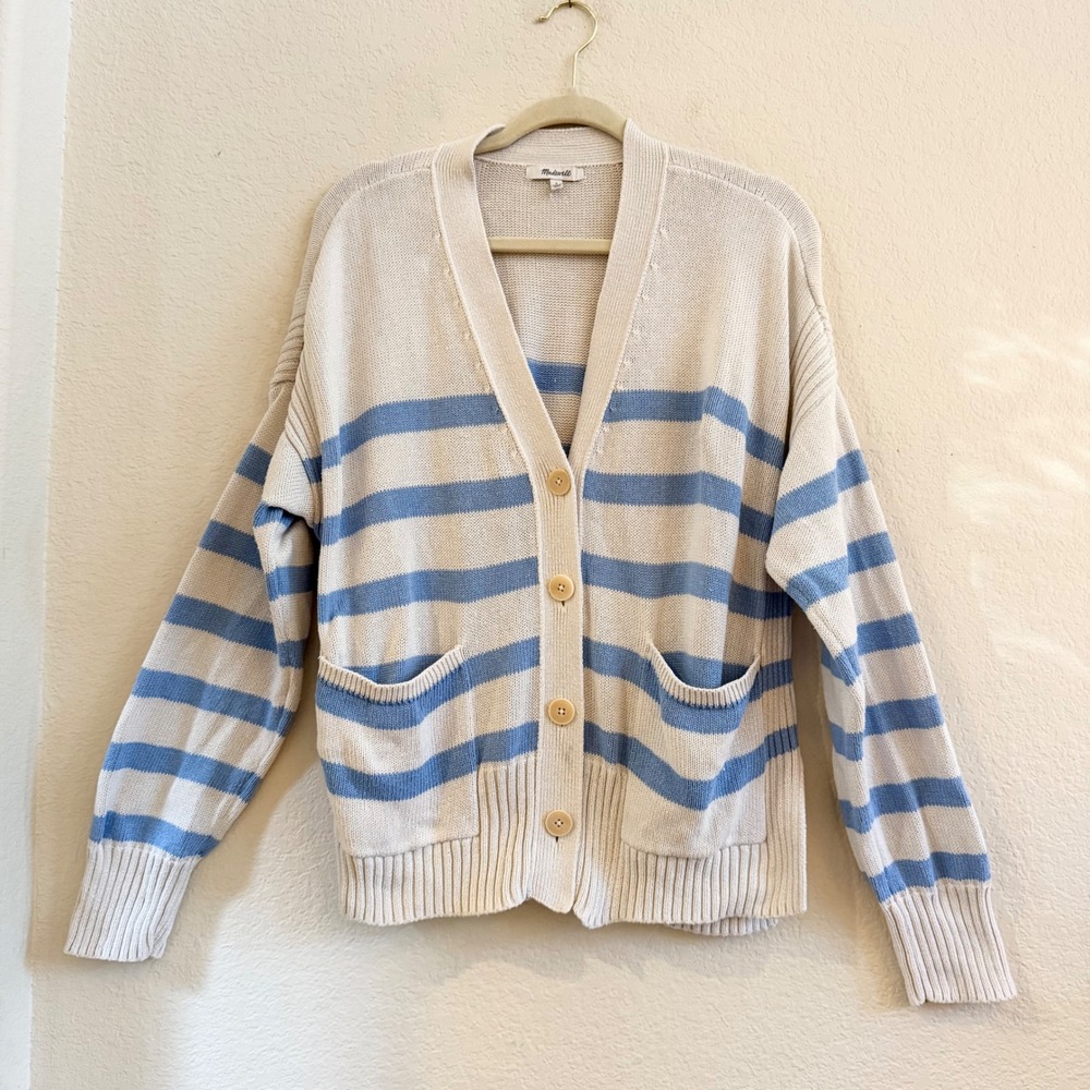 Madewell Cream Cardigan with Light Blue Stripes